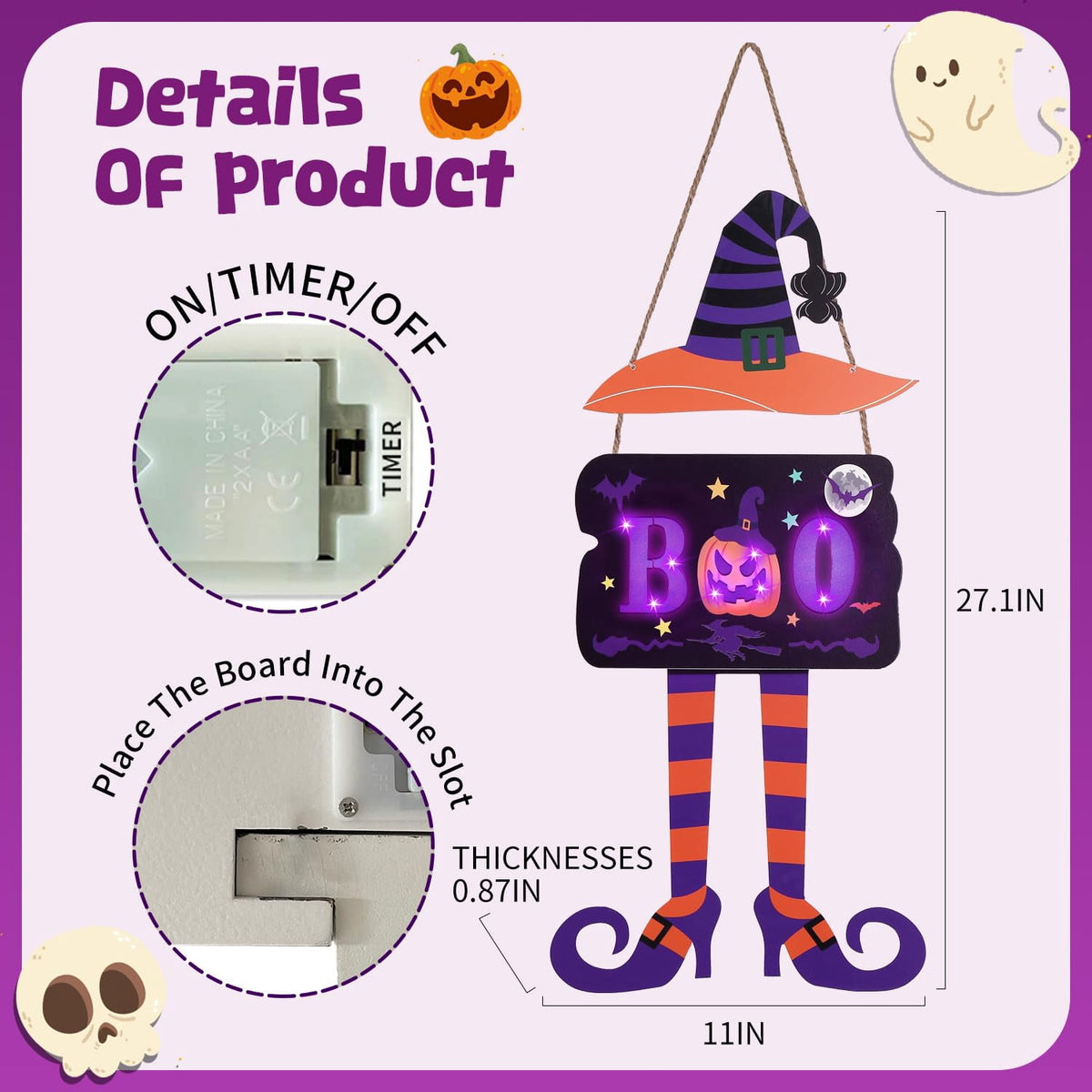 JoyHue Halloween Door Sign Witch Door Decorations With Timer Light Up Halloween Wreath Boo