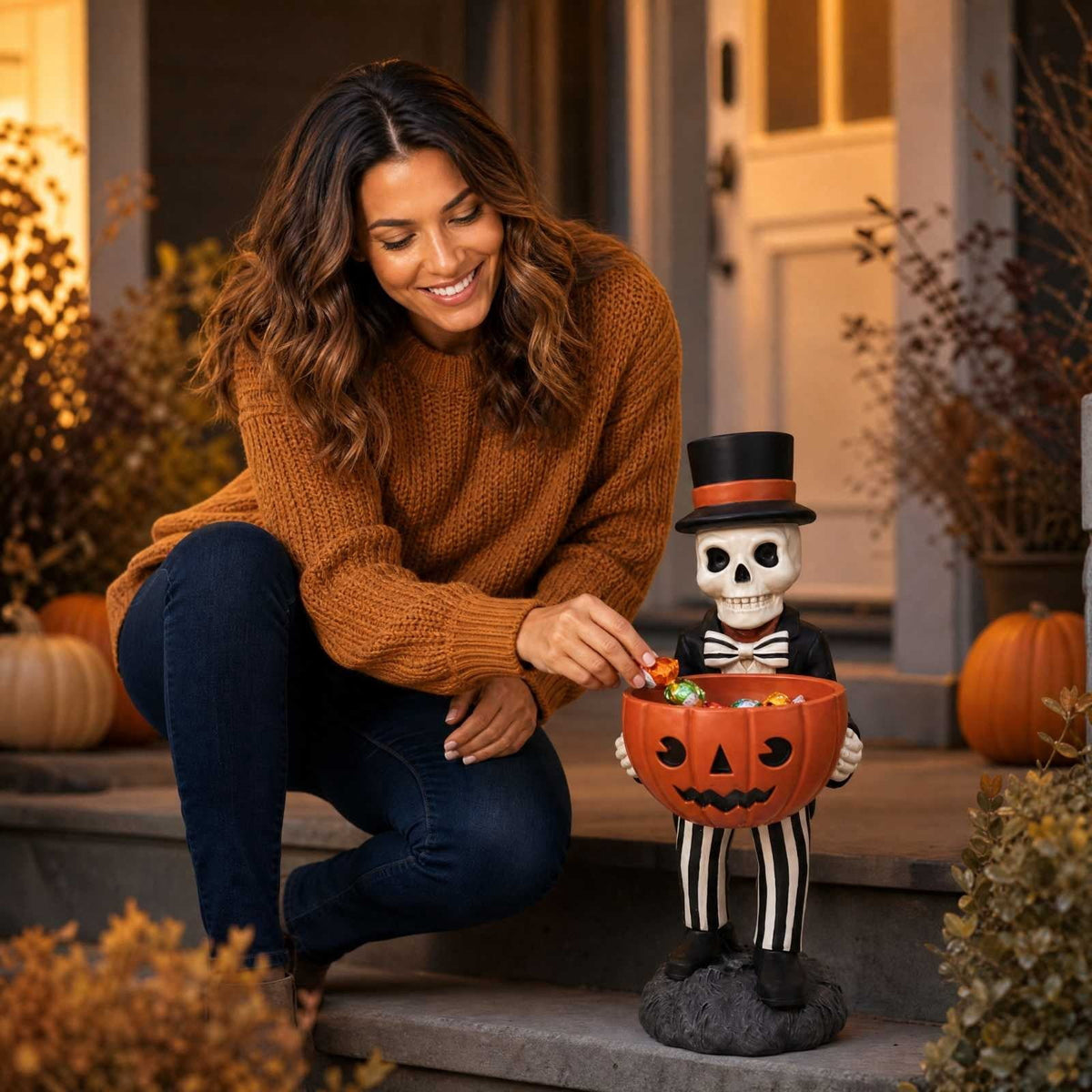 Halloween Decoration Ghost Figurine 11in Resin Ghost Statues with Pumpkin Candy Bowl for Outdoor Indoor Front Door, Porch Yard Lawn Party Decor