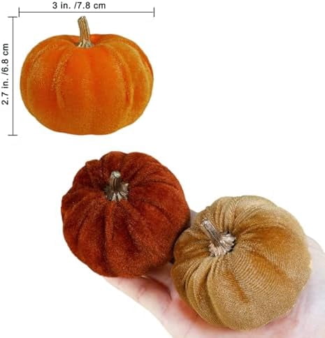 12 Piece Faux Fall Harvest Velvet Pumpkins 3 Inch Rust Orange Champagne Gold