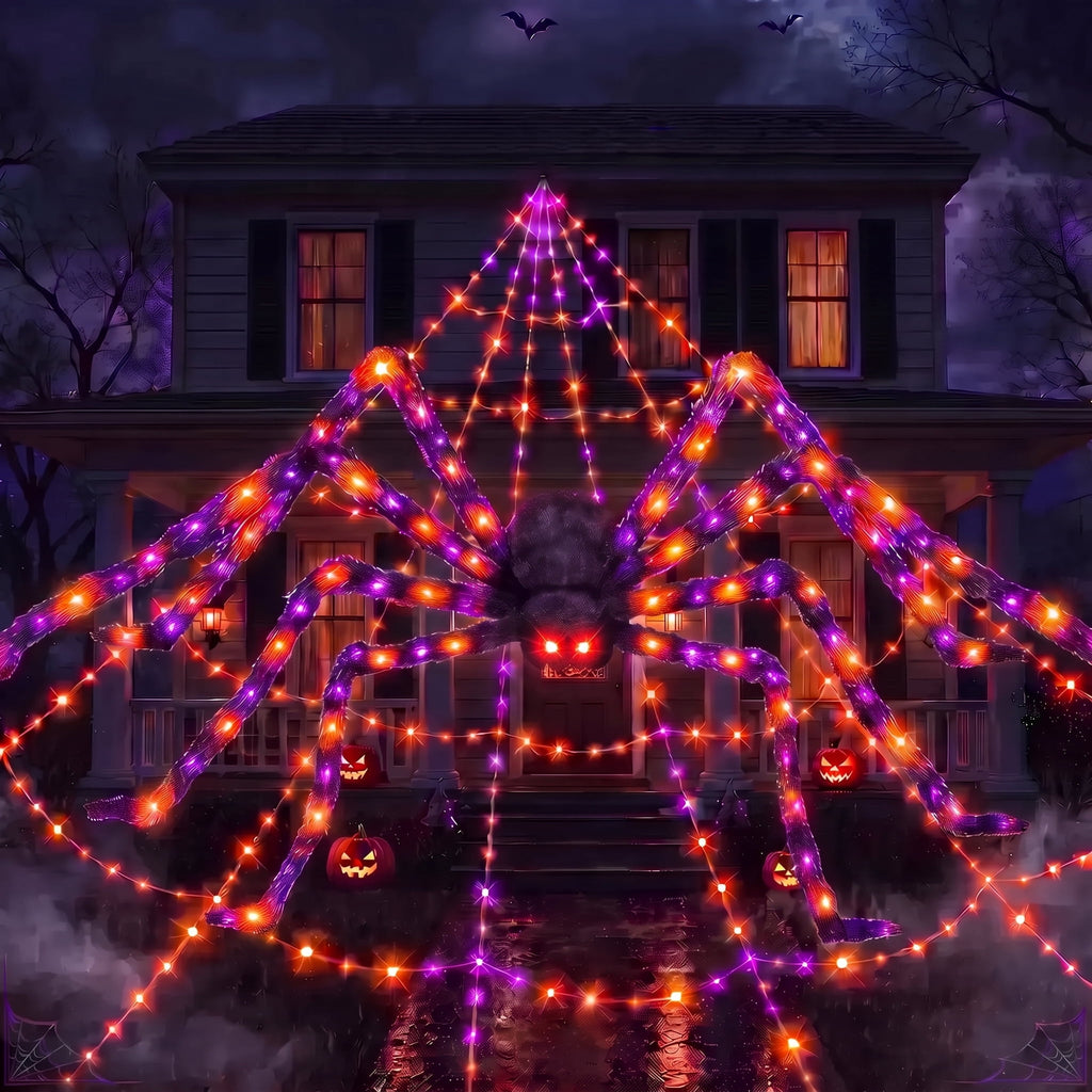 Leyaron Halloween Decorations Outdoor, 350 LED Halloween Spider Web String Lights with 79" Lighted Spider for Outdoor Garden Party Yard Porch Home Decor