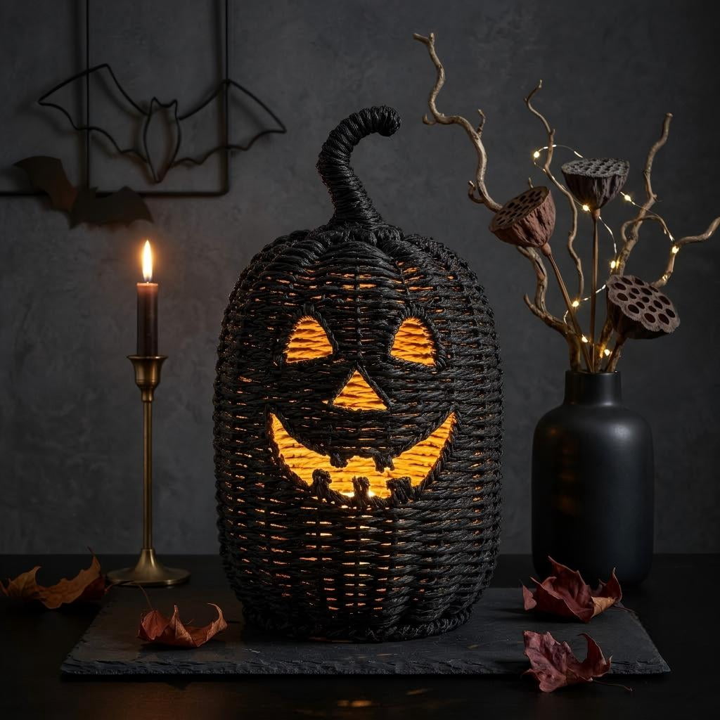Dark Seagrass Pumpkin Halloween Decoration, 11.8" Handcrafted Woven Pumpkin Jack-o'-lantern, Halloween Decorative Lantern for Indoor Home Party