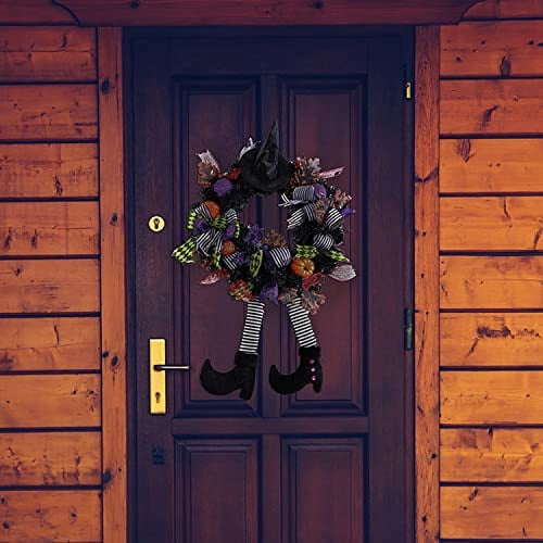 Onedor Happy Halloween Wreath 39 Inch Witch Hat Legs Pumpkin Door Decorations Artificial Handmade Wreath for Front Door or Indoor Wall Decor