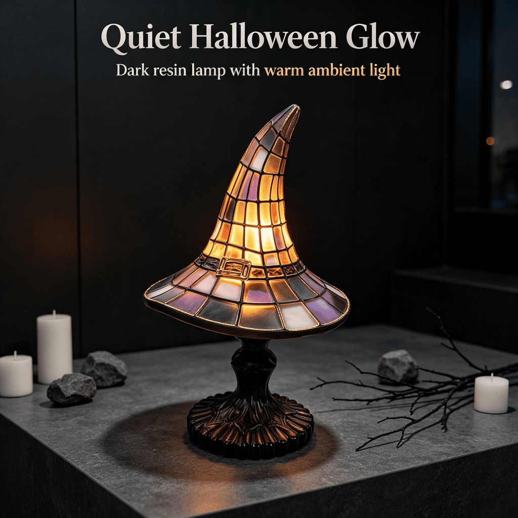Stained Glass Witch Hat Lamp Gothic Halloween Lighting Decor, Vintage Witchy Hats Night Lights, Handcrafted Retro Resin Table Lamp for Bedroom, Living Room & Home Decor