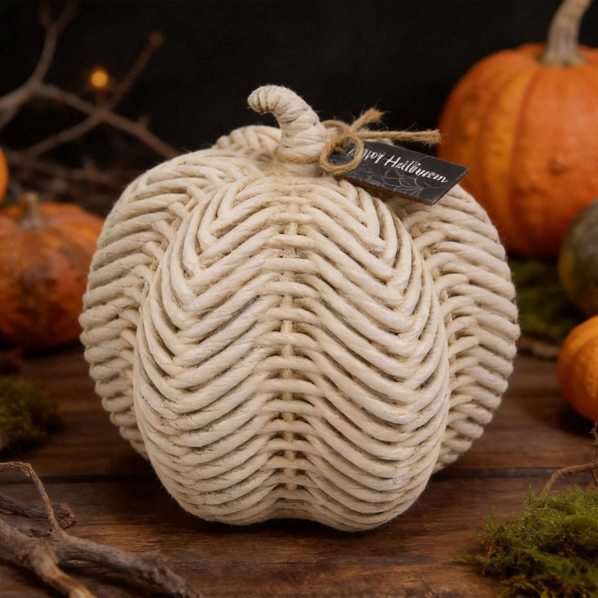 Woven Pumpkin Decoration, White, 7", Halloween by Way To Celebrate
