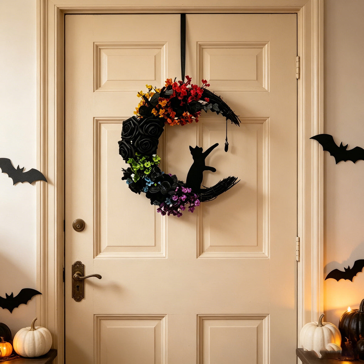 Circlecity Halloween Black Cat Wreath, 14.9" Colorful Crescent Moon Wreath with Artificial Flowers, Gothic Front Door Decor