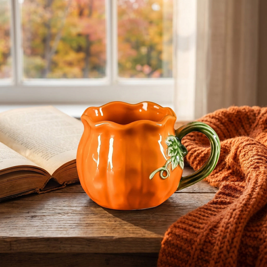 Cute Pumpkin Handmade Ceramic Mug with Dust Lid, Thanksgiving Halloween Coffee Cup for Office, Creative Water Cup Holiday Gift for Friends Family Coworkers Kitchen Home Decor