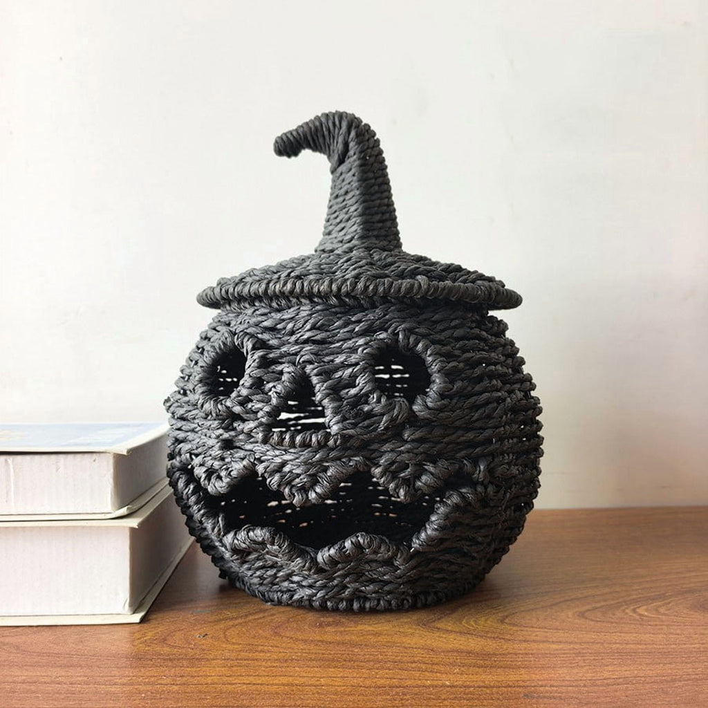 Sahpxhe Black Woven Pumpkin Basket with Lid Handmade Wicker Pumpkin Candy Baskets for Halloween Tabletop Mantel Candy Storage Decorations
