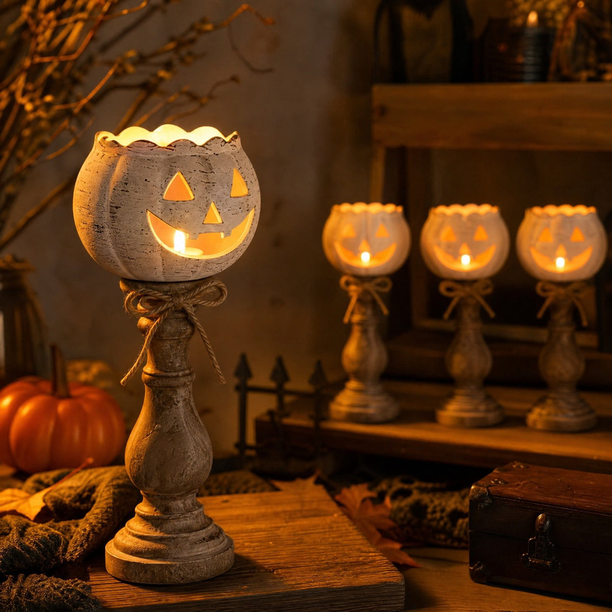Halloween Lamp Indoor Tabletop Decorations, LED Lighted Wooden Pumpkin with Vintage Pedestal Stand and Rope Bow, 8.7 Inch Rustic Halloween Decor for Home Mantel Entryway