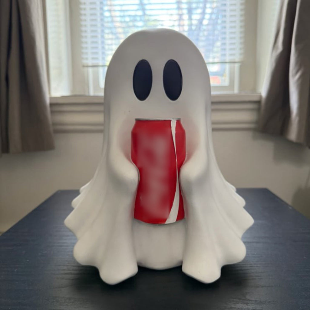 Halloween Ghost Figurine, Resin Lighted Ghost Ornament with Pumpkin Lantern & Beverage Cup, Tabletop Halloween Indoor Decor