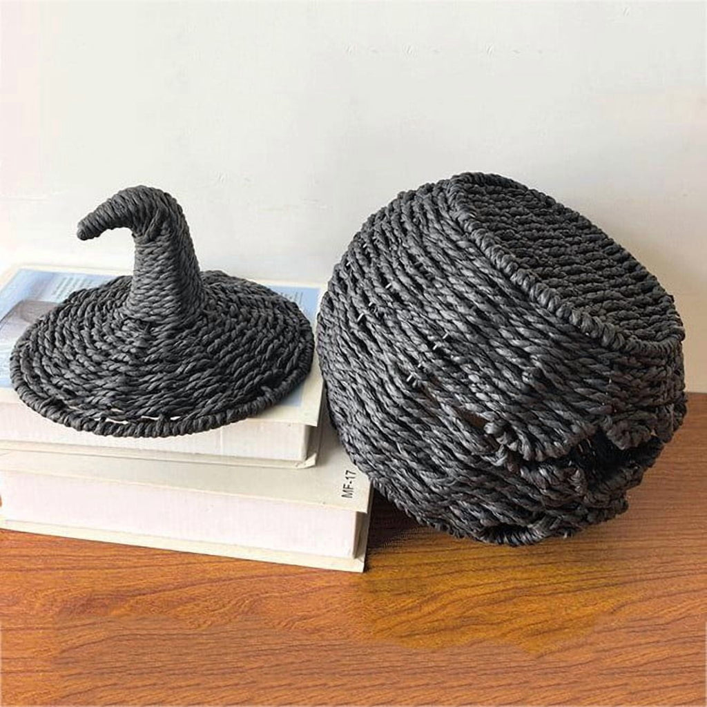 Sahpxhe Black Woven Pumpkin Basket with Lid Handmade Wicker Pumpkin Candy Baskets for Halloween Tabletop Mantel Candy Storage Decorations