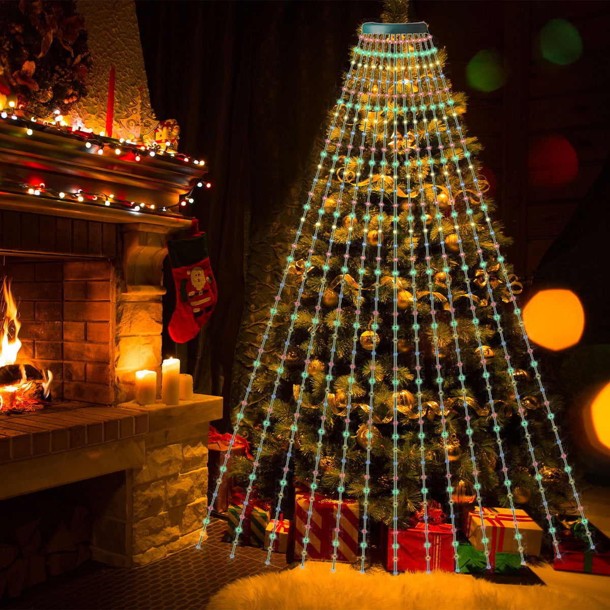 AYktou Christmas Tree Lights 6.56ft 16 Lines LED Waterfall Lights Waterproof Xmas Tree Topper Lights with Remote and USB Powered Christmas Lights for Halloween Xmas Year Holiday,Colorful