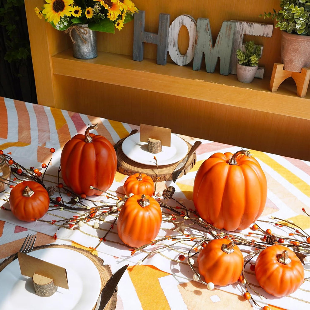 Foraging dimple 7 Pcs Assorted Harvest Orange Artificial Pumpkins Decorative Pumpkins Foam Pumpkins with Gold Stems for Fall Harvest Autumn Home Wedding Thanksgiving Halloween Party