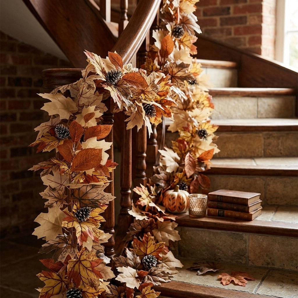 Fall Maple Leaf Front Door Wreath, Multicolor Plastic Seasonal Wreath for Halloween Thanksgiving Christmas Indoor Wall Fireplace Home Decor, 9.84 Inch