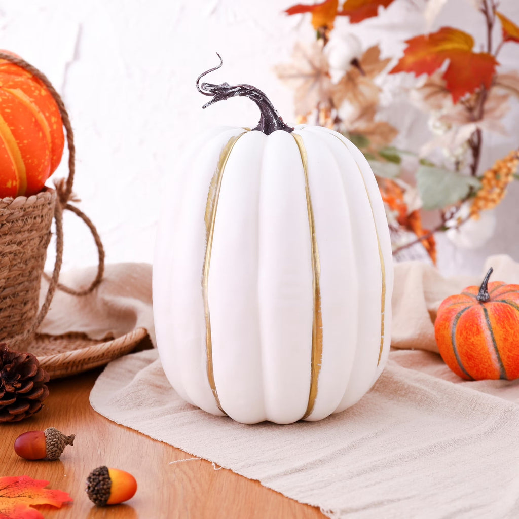 CQHVKQ 8 Inch Large Artificial Pumpkin Fall Decorations, Realistic Fake Harvest Pumpkin, Orange Gold Decorative Pumpkins for Table Centerpieces, Fall, Thanksgiving & Halloween DIY