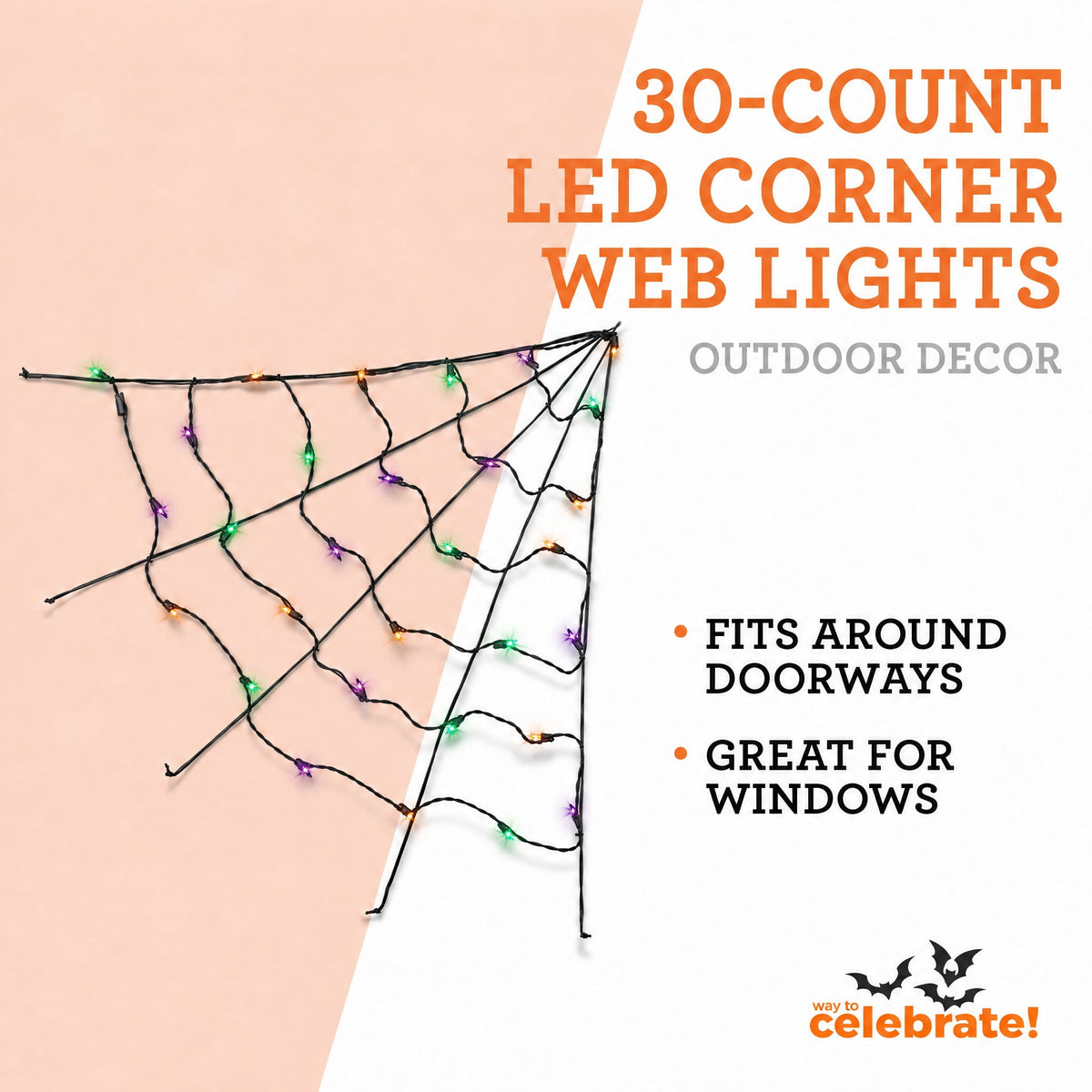 Indoor/Outdoor 30-Count LED Corner Web Lights, Purple, 30" x 30", Halloween by Way To Celebrate