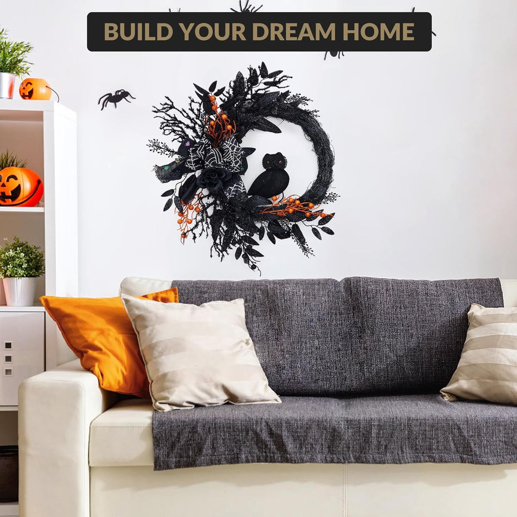 Lumiparty 20" Halloween Wreath, for Front Door, Natural Vine Base, Artificial Roses, for Holiday Decoration