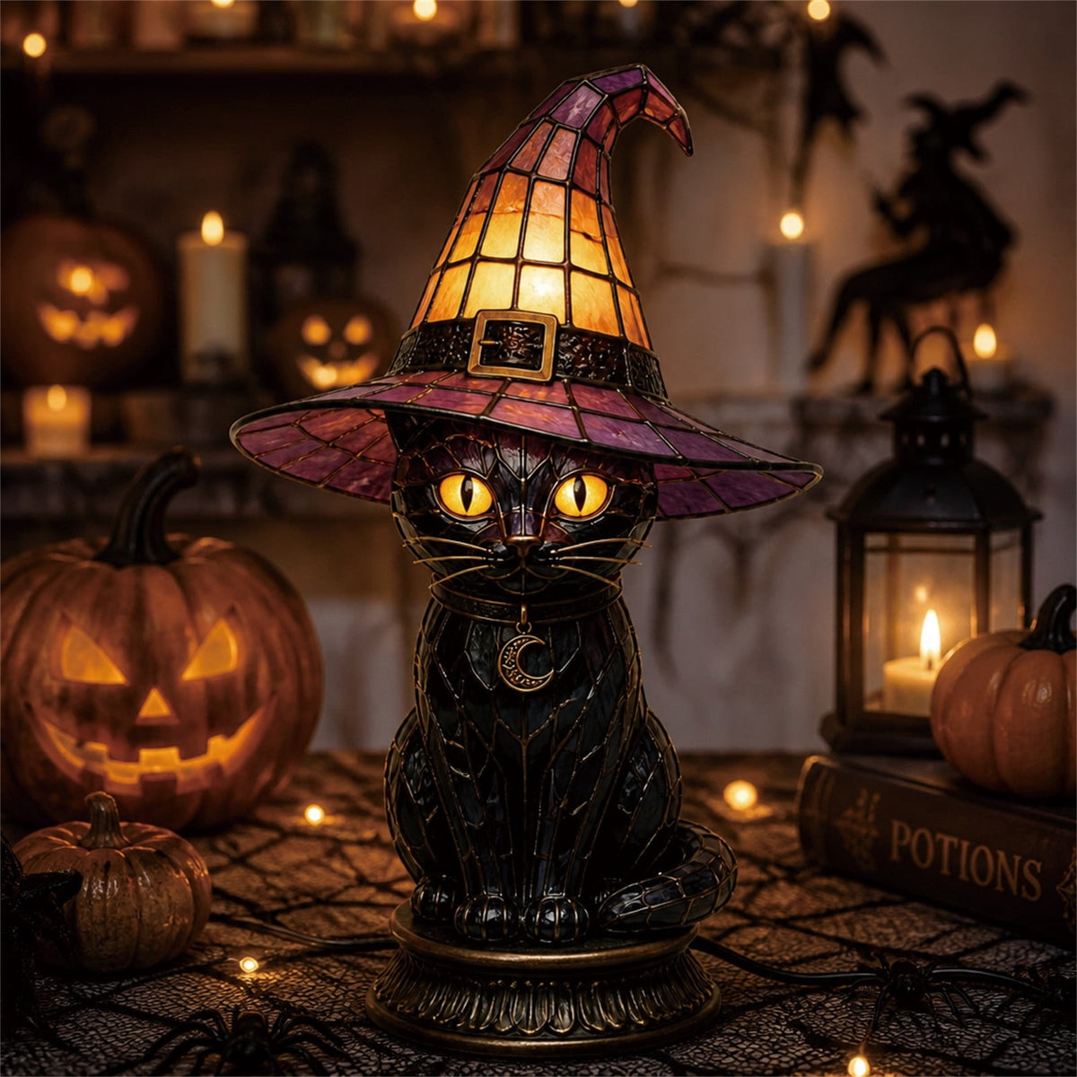 Guodhu Witch Hat Table Lamp Halloween Glowing Resin Ornament Mini Night Light for Bedroom Shelf Spooky Decor with LED(Multicolor)