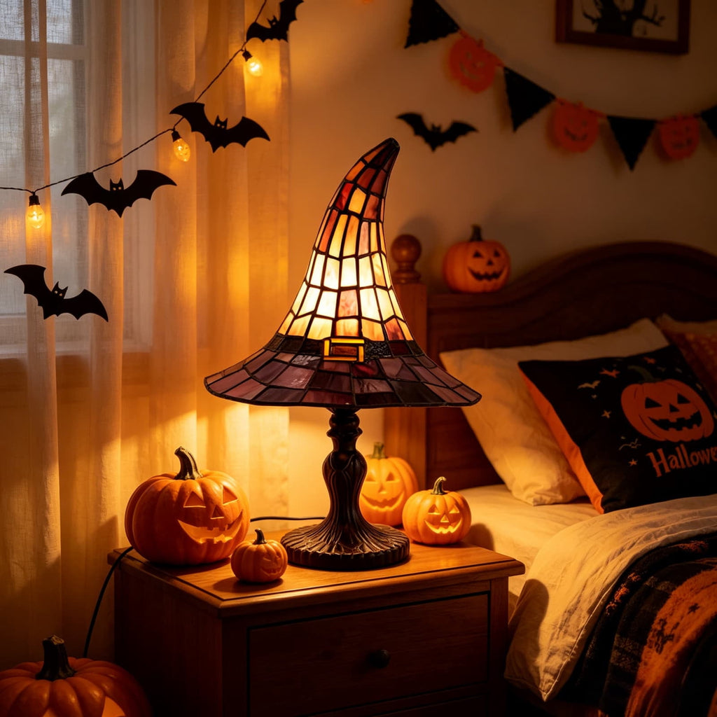 Halloween Pumpkin Night Light With Witch Hat Acrylic LED Tabletop Ornament, Spooky Glowing Figurine for Home Party Bedroom Holiday Decoration
