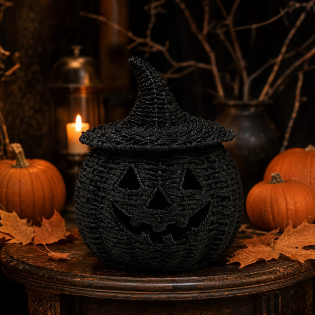 Handwoven Rattan Pumpkin Lantern with Lid, 11" Halloween Light Up Woven Pumpkin Decor, Rustic Black Wicker Pumpkin Decoration for Indoor Home Mantle Tabletop Decor(B)