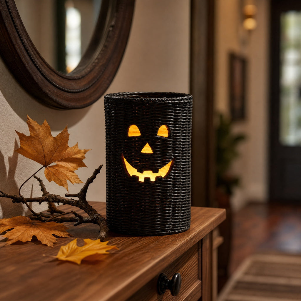 Aximioll Halloween Black Woven Jack-O-Lantern Pumpkin Decor, Hand Woven Rattan Wicker Style Statue, Trick or Treat Candy Bowl Lantern for Porch Entryway Fireplace Mantel Table, Black, 11 Inches