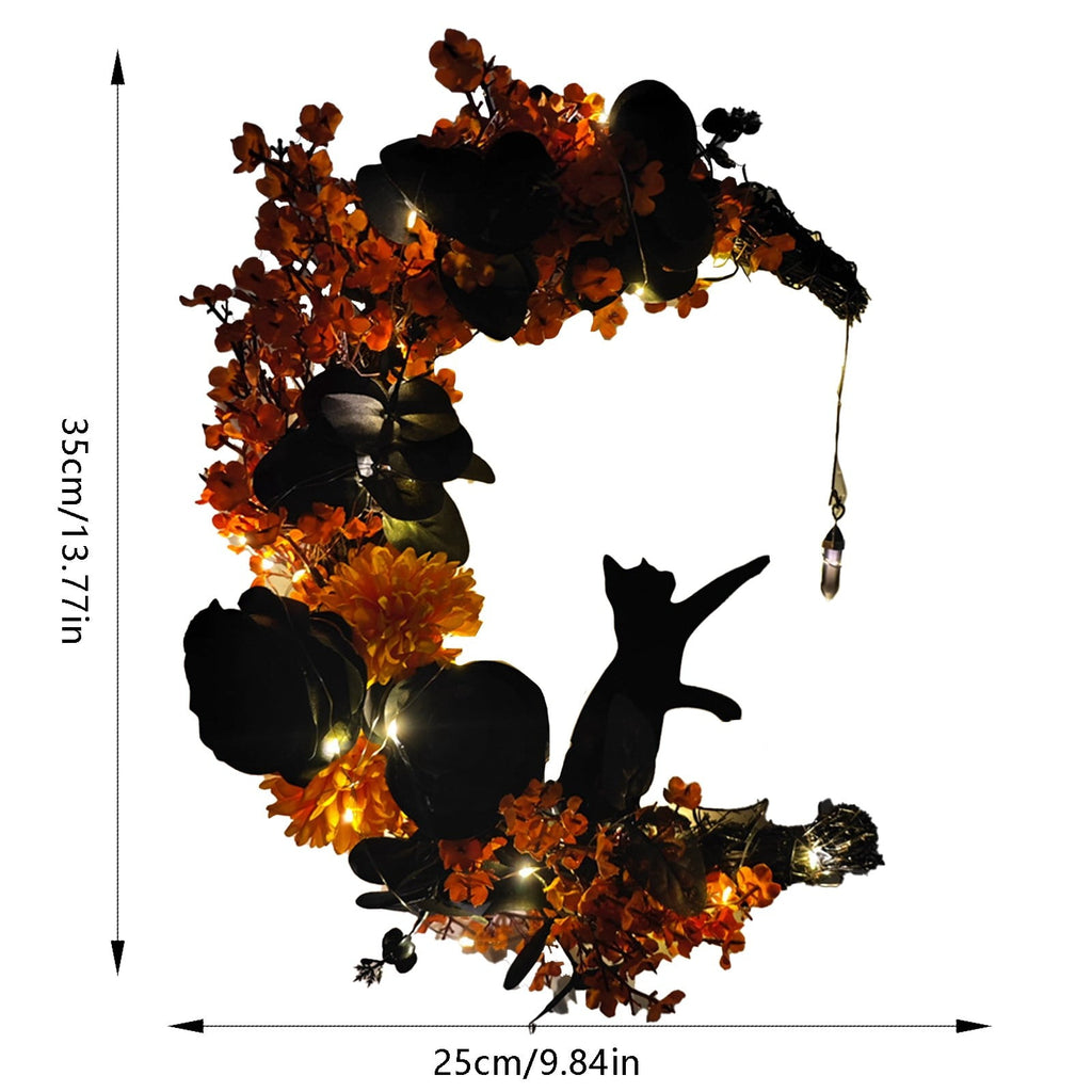 Moon Cat Wreath With Flowers And Charming Door Decoration Halloween Moon Cat Home Decor Gift Halloween Party Decorations For Cat Lovers With Lights Halloween Decorations