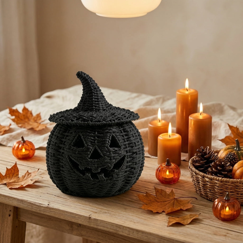 Halloween Woven Seagrass Pumpkin for Spooky Halloween Candy Storage and Home Decor, Black Handcrafted Witch Hat Woven Seagrass Lantern for LED Candy（B）
