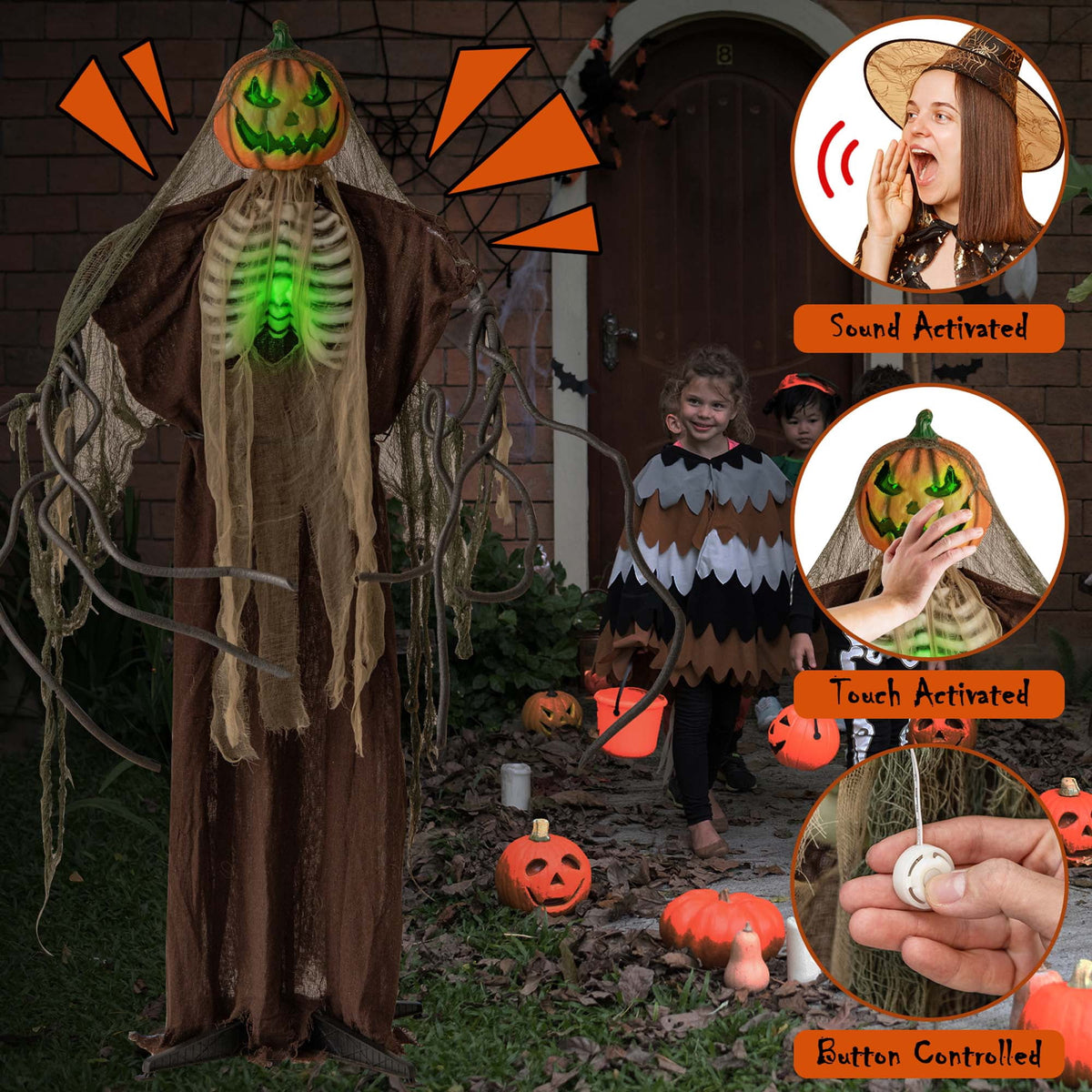 Costway 5.75ft Halloween Animatronics Decoration Talking Ghost Pumpkin with Glowing Ribs and Moving Head Sound & Touch Activated Standing Prop