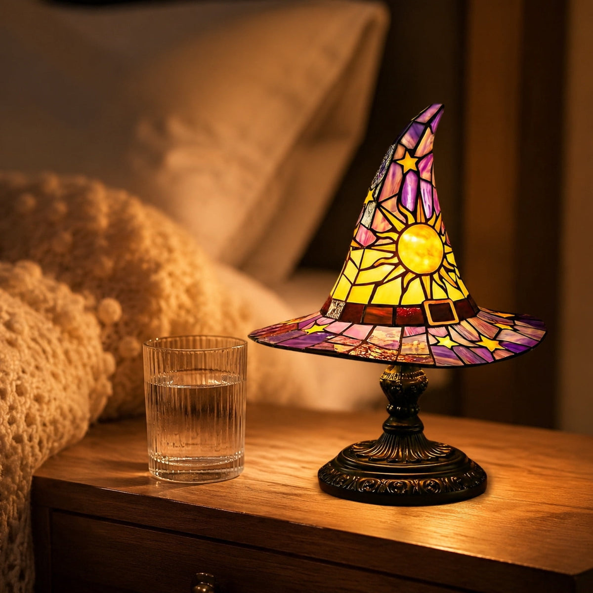 Stained Glass Witch Hat Lamp Gothic Halloween Lighting Decor, Vintage Witchy Hats Night Lights, Handcrafted Retro Resin Table Lamp for Bedroom, Living Room & Home Decor