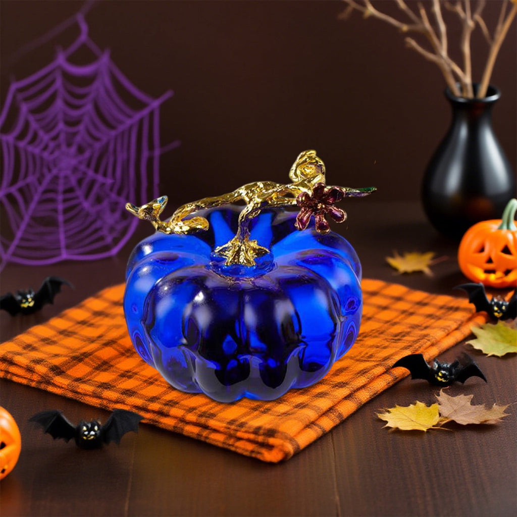 Crystal Pumpkin Figurine, Glass Pumpkin Sculpture Collectible Thanksgiving Decor, Desktop Decoration for Halloween Home Garden Party Decor, Blue