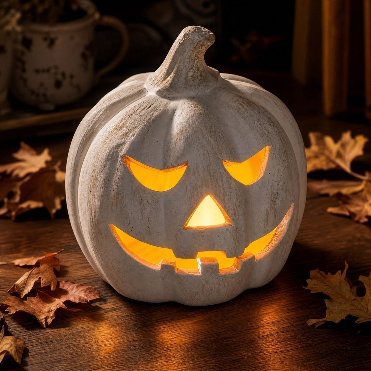 Halloween Decoration White Tall Jack O Lantern, Hollow Smiling Pumpkin Tabletop Accent for Mantel, Porch and Party Display, 9.84 in