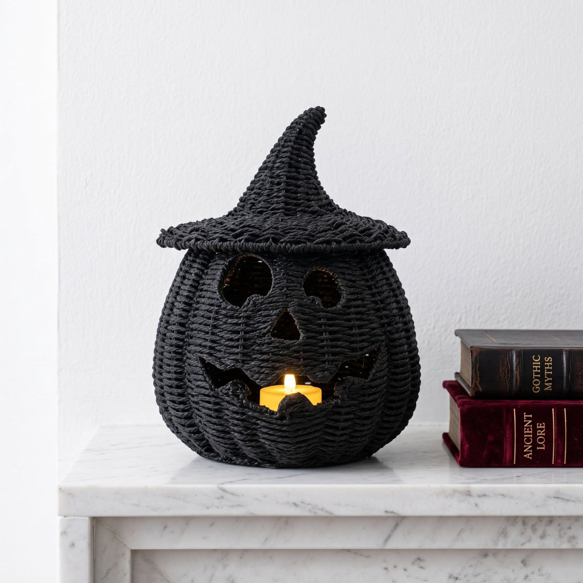 Black Woven Pumpkin Basket with Witch Hat Cover Lid, 11" Halloween Jack-O-Lantern Woven Container, Handcrafted Rattan Pumpkin Tabletop Centerpiece for Home Office Halloween Party Table
