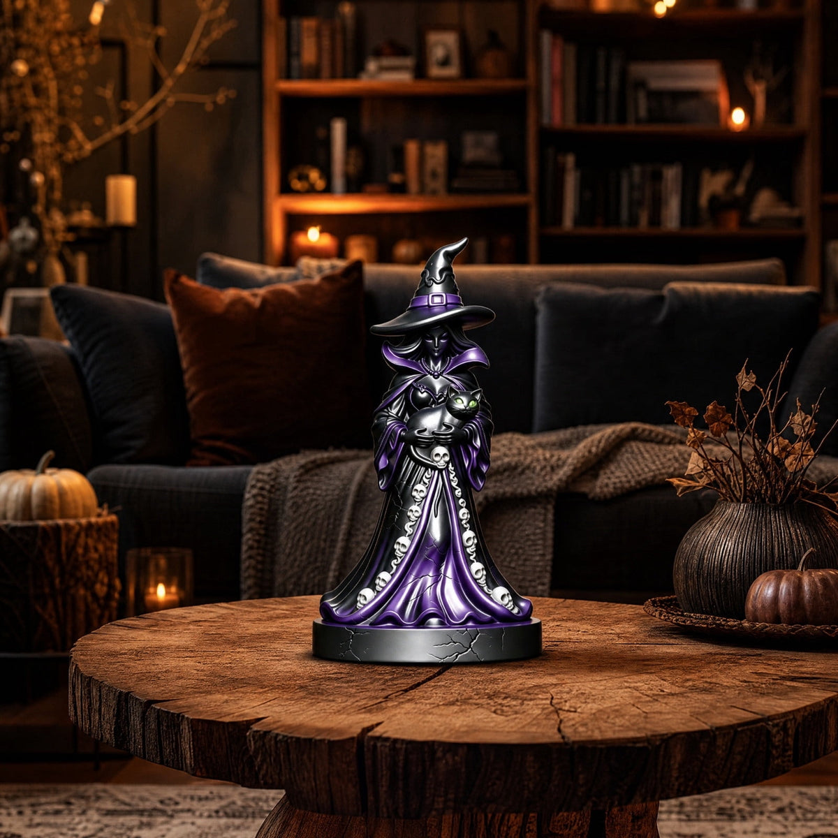 2026 New Halloween Mossy Tree Witch With Crow Light Up 7" Resin Figurine Rave Mantel Shelf Party Decorations