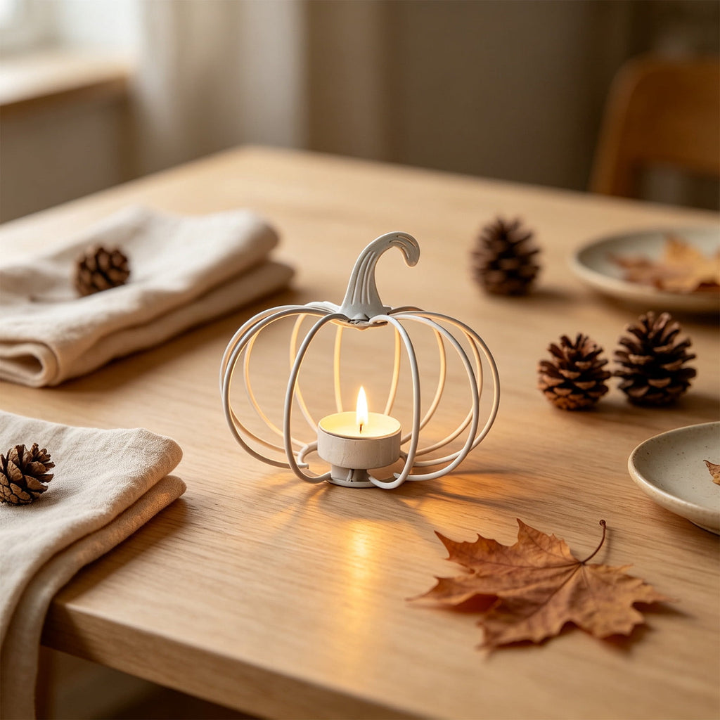 romoty Metal Wire Pumpkin Candle Holder, Vibrant Orange Iron Tealight Stand Tabletop Centerpiece Accent Halloween Thanksgiving Fall Harvest Dining Room Decoration